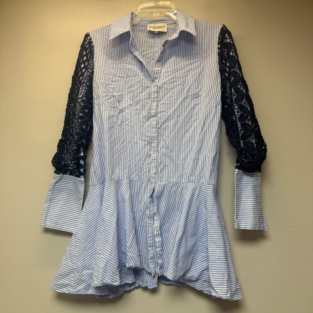 1st Sight Shirt Dress Womens Small Blue White Excellent Lace Sleeve Peplum Strip